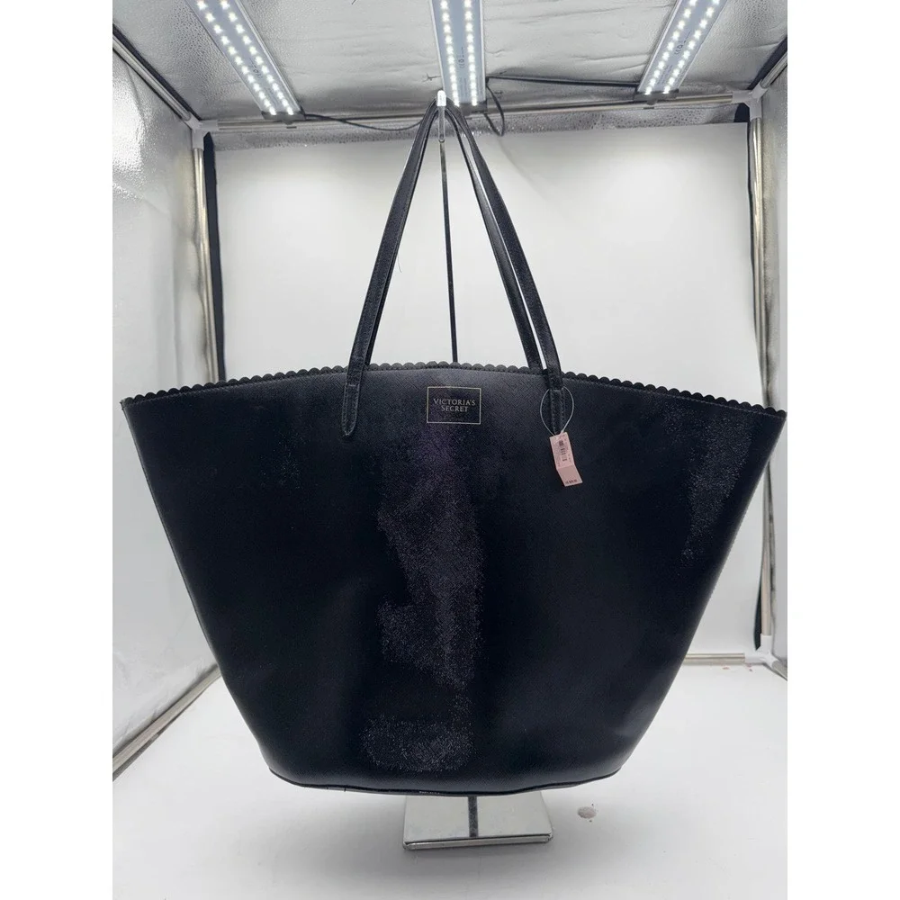 Victorias Secret Black Saffiano Scalloped Tote Bag Bombshell Floral Lining NEW